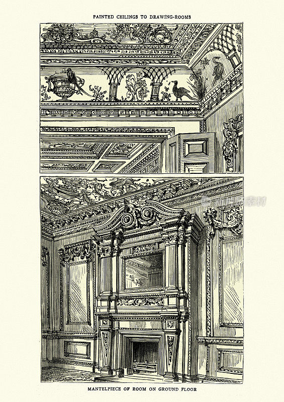 Old London Mansion, Cowfields, Painted ceiling，壁炉架，19世纪